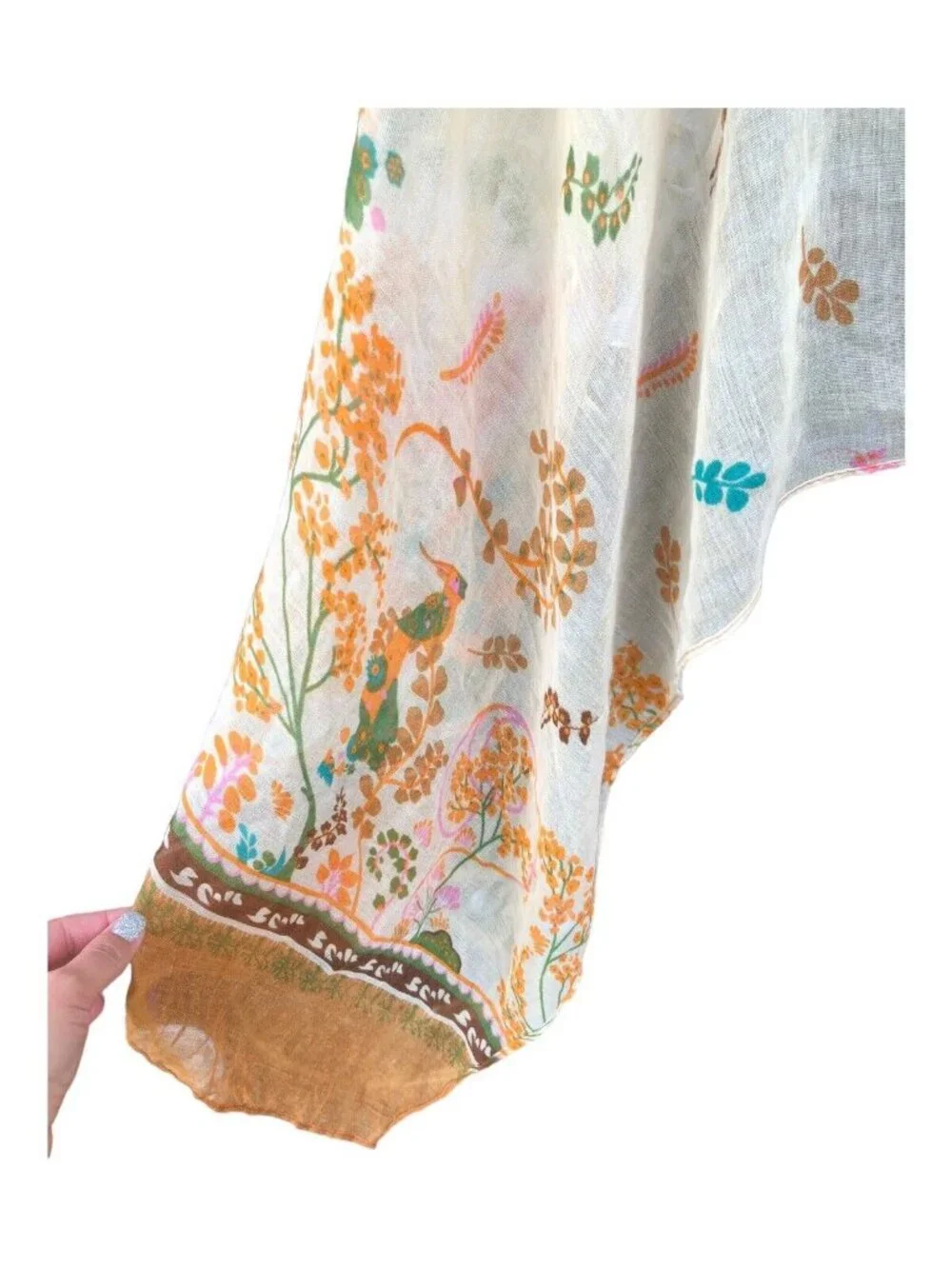 Multi Color Leaf Print Bird Accent Boho Rectangle Sheer Scarf READ